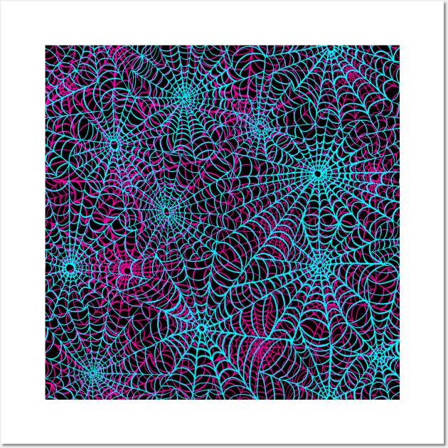 Spiderwebs - Neon Blue & Pink Wall Art by vilecult